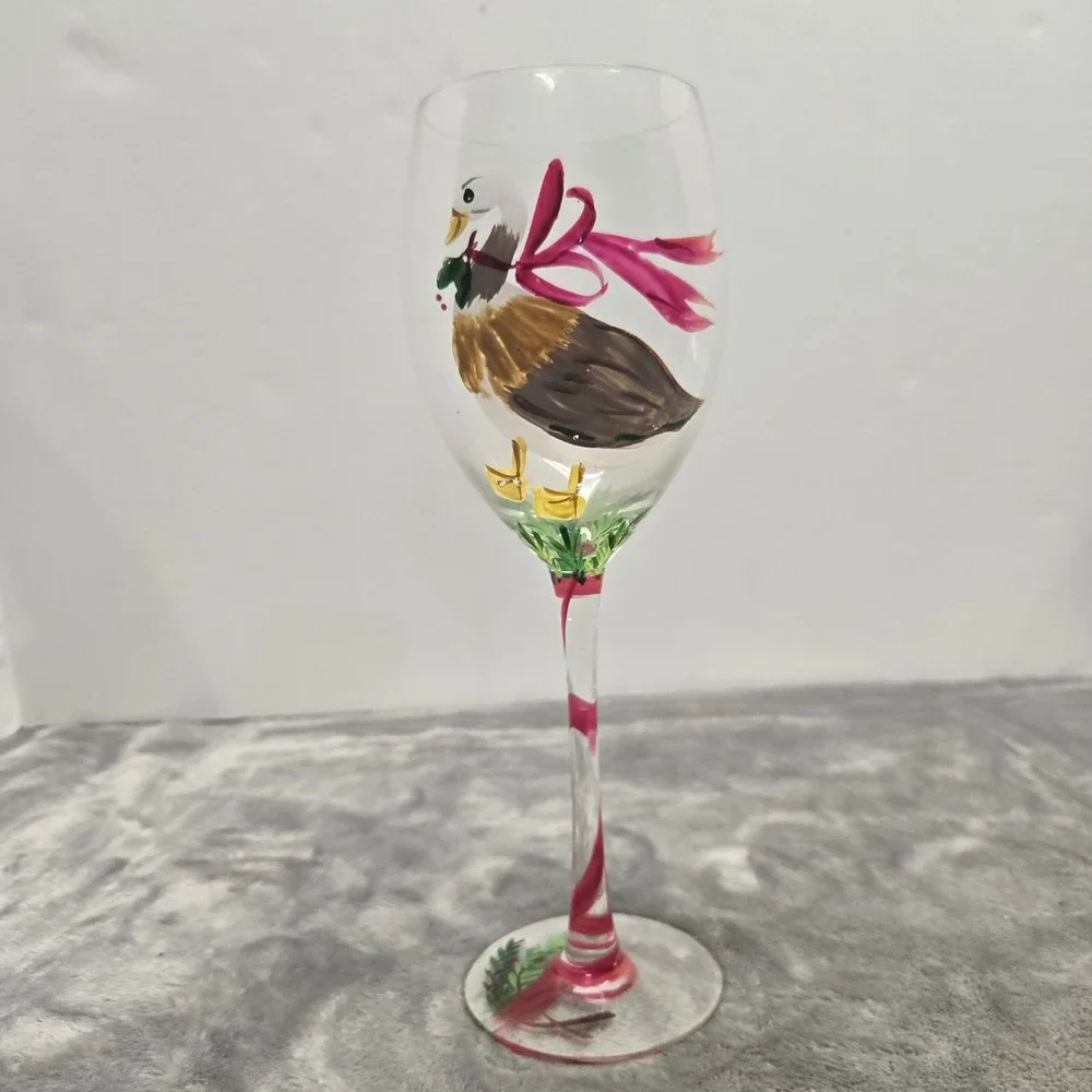 Hand Painted Duck Wine Glass Pink Ribbon Bow Stemmed Glassware Holiday 9 Inch